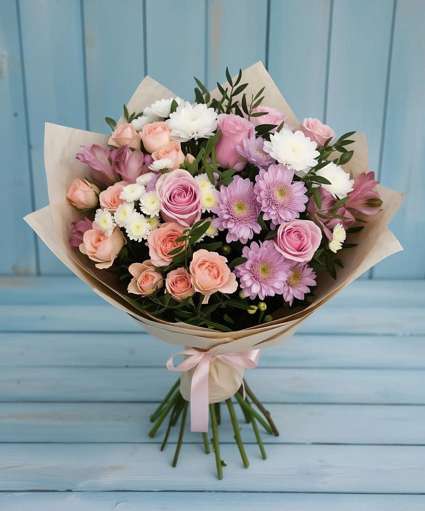 Букет цветов из: Хризантемы, Розы и Альстромерии в Зункаре